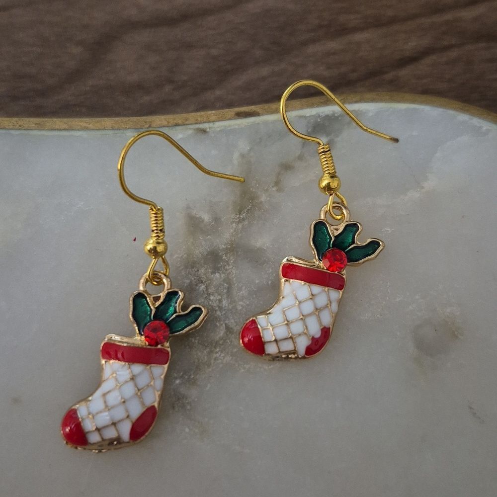 ♡♡♡ Festive Stocking Earrings Gold Accents | Christmas Novelty Gifts